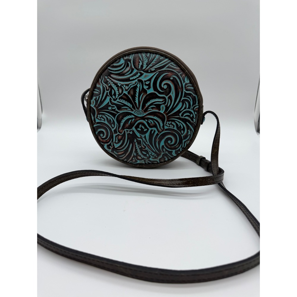 Patricia Nash Tooled Leather Round Crossbody Bag Turquoise Floral Canteen Purse
